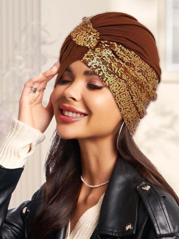 قبعات Wooee الأفريقية بالترتر وأغطية الرأس الأفريقية المربوطة مسبقًا عمامة الكنيسة الملتوية للنساء والفتيات باللون البني والأسود in Kuwait