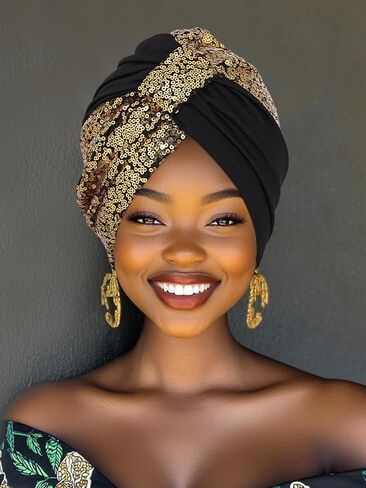 قبعات Wooee الأفريقية بالترتر وأغطية الرأس الأفريقية المربوطة مسبقًا عمامة الكنيسة الملتوية للنساء والفتيات باللون البني والأسود in Kuwait