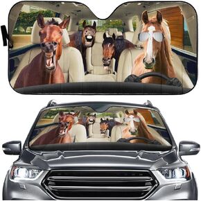 Majo Funny Horse Driving Car Sunshade Auto Windshield Visor, Farm Animal Horse Family Foldable Automobile Front Window Sunshade 57 x 27.5 Inches (145 x 70 cm)