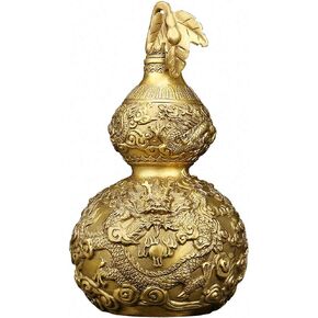 Feng Shui Brass Good Luck Gourd (Wu Lou/Hu Lu) with Dragon Pattern Statue, Chinese Charm of Prosperity Home Decoration Gift,Feng Shui Decor