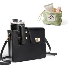 Outdoor Portable Crossbody Water Bottle Storage Bag, Adjustable Water Bottle Holder Suitable for Most Cups (Black)