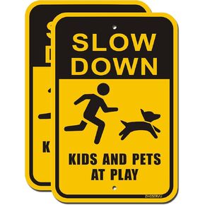 ZHGSERVU Slow Down Kids and Pets at Play Signs 2-Pack, Reflective Metal Children Playing Safety Signs, 18" x 12" Rust Free Aluminum, UV Protected Neighborhood Street Caution Yard Signs