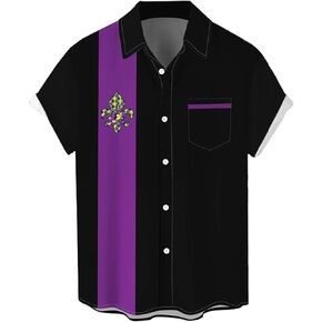 Purple Mardi Gras Shirt for Men Button Down Short Sleeve Hawaiian Shirts in Kuwait
