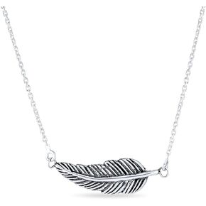 Native American Style Bohemian Boho Sideways Diagonal Feather Leaf Pendant Necklace Western Jewelry For Women For Teen Oxidized .925 Sterling Silver & Gold Plated