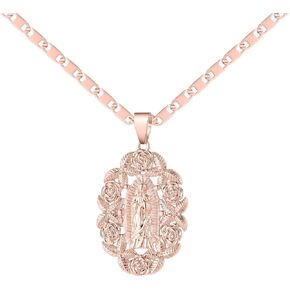 Virgin Mary Necklace For Women Virgin Mary Guadalupe Charm Pendant With 18K Gold Plated Flat Mariner/Marina 3MM Chain Necklace For Women Jewelry Gift