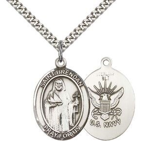 F A Dumont Sterling Silver St. Brendan The Navigator/Navy Pe with 24" Stainless Steel Heavy Curb Chain. Patron Saint of Sailors/Mariners