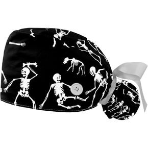 2 Pcs Adjustable Working Caps, Black Dancing Skeleton Bouffant Scrub Hats Women Long Hair