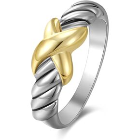 Gold and Silver Rings Cable Cross - Two Tone Ring Vintage Intertwined - Silver Statement Rings Cocktail Jewelry for Women
