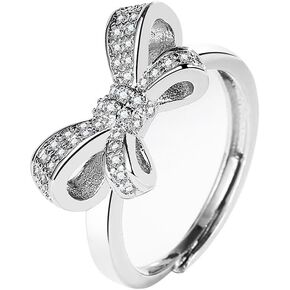 S925 Sterling Silver Rings for Women, Bowknot Shaped Adjustable Rings for Women Cubic Zirconia Bands Thumb Finger Ring,Unique Design Statement Ring for Women
