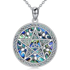 Pentagram Necklace Sterling Silver Triple Moon Goddess Pentacle Abalone Pendant Amulet Jewelry Gifts for Men Women