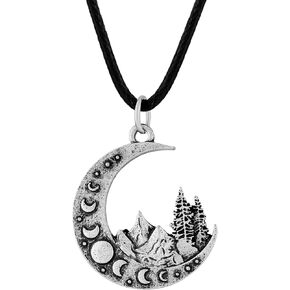 HAQUIL Moon Phase Necklace Necklace, Crescent Moon Mountain Pendant, Faux Leather Cord, Jewelry Gift for Men and Women