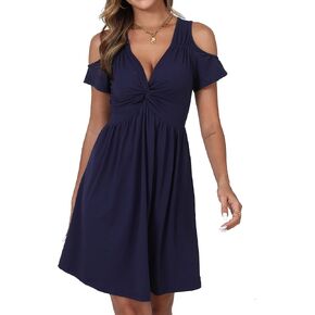 Women's Cold Shoulder Dress Short Sleeve Deep V-Neck Front Knotted Casual Sundress Knee Length Dresses for Women