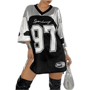 Verdusa Women's Oversized Jersey Sheer Mesh Mini Dress Half Sleeve V Neck T Shirt Dress