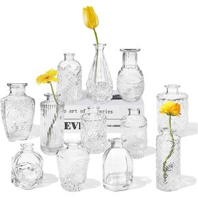 Koyal Wholesale Glass Bud Wedding Vases, Small Glass Bud Vases Set of 12, Mini Wedding Centerpiece Table Decorations, Assorted Vintage Small Glass Vases for Centerpieces, Clear Centerpiece Vases