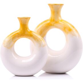 Ceramic Donut Vase Set of 2,Yellow and White Vases for Home Decor,Circle Decorative Vase for Centerpieces,Boho Pampas Vase for Office Wedding Dinner Table Living Room,Modern Flower Vase
