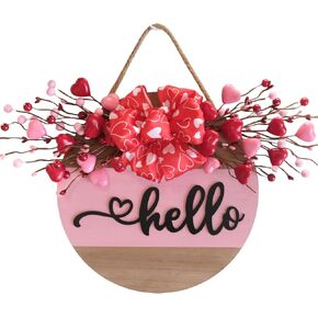 Valentine's Day Wooden Wreaths Sign with Artificial Berry Decoration, Hearts and Buffalo Bow Farmhouse Entrance Outdoor Art Wall Decor