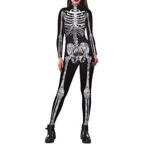 Pink Queen Womens Halloween Skull Skeleton Long Sleeve Printed Cosplay Costume Catsuit