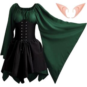 Coume Women Elf Costume Renaissance Traditional Irish Dress Fairy Medieval Costume Elf Ears for Halloween Cosplay Party
