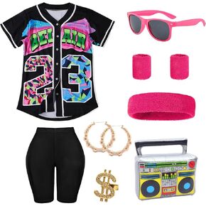80s 90s Outfit for Women Hip Hop Costume Set Baseball Jersey T Shirt Yoga Pants Rapper Accessories Cosplay Party