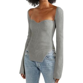 ACOSAP Women's Square Neck Ribbed Knitted Sweater Long Sleeve Crop Slim Fitted Basic Pullover Tops