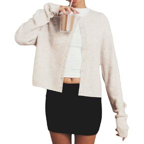 Women Y2k Crop Cardigan Long Sleeve Button Down Sweater Lightweight Solid Color Open Front Cute Knitted Tops