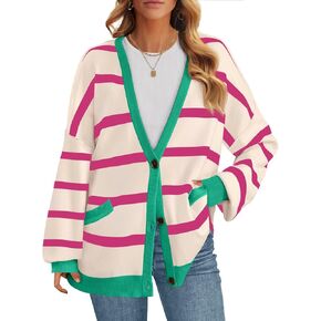 MEROKEETY Women's Long Sleeve Oversized Cardigan Sweaters 2024 Color Block Striped Open Front Knit Outerwear