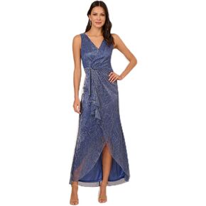 Adrianna Papell Women's Metallic Mesh Cascade Gown, Light Navy