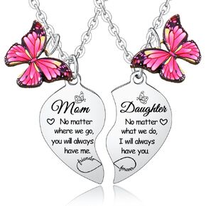 2PCs Mother Daughter Heart Matching Pendant Necklaces Set for Mom Daughter Necklace Gifts I Love You Gifts for Mom Daughter Christmas Birthday Gifts Mothers Day Gifts Butterflies Stuff Jewelry