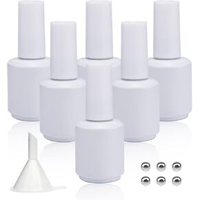 Empty Gel Nail Polish Bottles, Empty Nail Polish Bottles 15ML, Opaque Round Glass Refillable Fingernail Polish Bottles UV Safe with Mixing Balls & Funnels, Pack of 6 (Matte White)