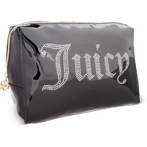 Juicy Couture Women's Cosmetics Bag - Travel Makeup and Toiletries Clutch Wedge Pouch, Black with Rhinestones