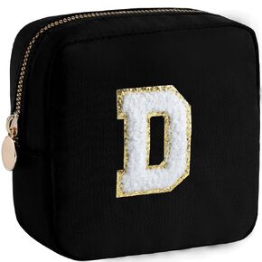 HBselect Small Makeup Bag Personalized Initial Letter Mini Makeup Bags Nylon Chenille Letter Patch Cosmetic Bag Cute Waterproof Pouch Travel Toiletry Bag Preppy Coin Purse Gift for Women Teen Girls