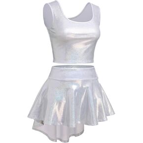 IBAKOM Women Shiny Metallic Tank Top High Low Mini Skirt with Brief Sexy 80s Holographic Disco Rave Outfits Alien Costume