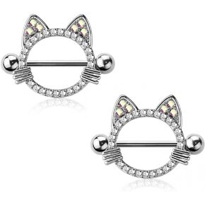 Pierced Owl 14GA 316L Stainless Steel CZ Crystal Cat Outline Nipple Shields, Sold as a Pair