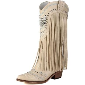 Fringe Cowboy Boots for Women Knee High Boots Wide Calf Embroidered Tassal Cowgirl Boots Snip Toe Pull On Western Riding Boots