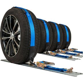 US Cargo Control E Track Wheel Straps with E-Track Fittings & Three Rubber Blocks (4-Pack), 2 Inch x 11 Foot Car Tie Down Straps for Trailers, Fits Tires 14-20 Inches, 12,000 LBS Break Strength