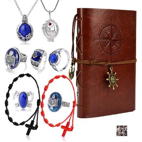 Zaky The Vampire Jewelry Set Vintage Leather Notebook Daywalking Katherine Necklace Sapphire Crystal Pendant Damon's Stefan Klaus Ring with Character Stickers 20 Pcs