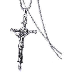 Stainless Steel Jesus Christ Crucifix Cross Religious Pendant Necklace, Unisex, 24" Chain