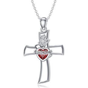 Sacred Heart Cross Necklace 925 Sterling Silver Sacred Heart of Jesus Pendant Sacred Heart Cross Jewelry for Women Men