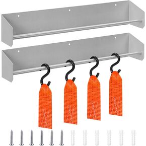 Meonum 2 Pcs Tie Down Hanger Holder Wall Mounted Aluminum Ratchet Strap Organizer for Enclosed Race Trailer Garage Shop Storage Organizer Bungee Cords Accessories, Silver