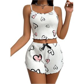 WDIRARA Women's Two Piece Pajama Set Butterfly Print Lettuce Trim Crop Cami Tops and High Waist Shorts