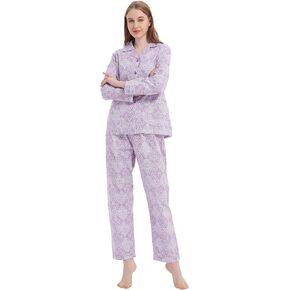 GLOBAL Womens 100% cotton pajamas set with long sleeve button down pjs 2 piece nightwear button fly sleepwear bottom drawstring waist pajama