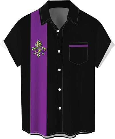 Purple Mardi Gras Shirt for Men Button Down Short Sleeve Hawaiian Shirts in Kuwait