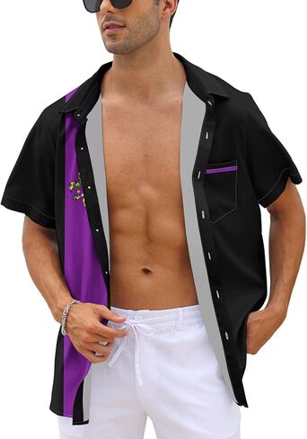 Purple Mardi Gras Shirt for Men Button Down Short Sleeve Hawaiian Shirts in Kuwait