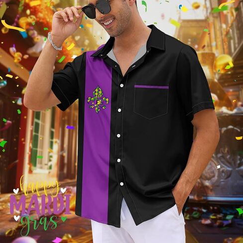 Purple Mardi Gras Shirt for Men Button Down Short Sleeve Hawaiian Shirts in Kuwait