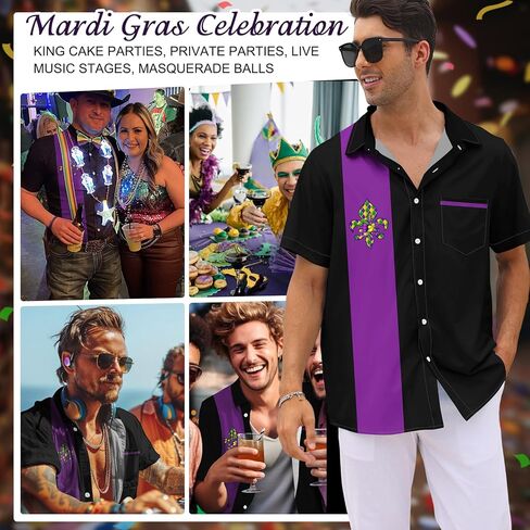 Purple Mardi Gras Shirt for Men Button Down Short Sleeve Hawaiian Shirts in Kuwait