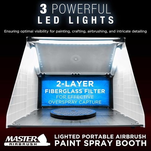 مجموعة حجيرة رش طلاء البخاخة المحمولة من Master Airbrush مع 4 مصابيح LED، قرص دوار - مراوح عادم مزدوجة قوية مع فلتر وخرطوم تمديد - مشاريع الرسم والنماذج والفنون والحرف اليدوية والكعك in Kuwait