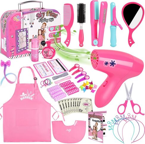 Gifts2U Hair Salon Toys for Girls, 26 Pcs Realistic Girl Beauty Salon Playset Hair Styling Set with Blow Dryer, Barber Costume Apron, Scissors and Stylist Accessories. in Kuwait