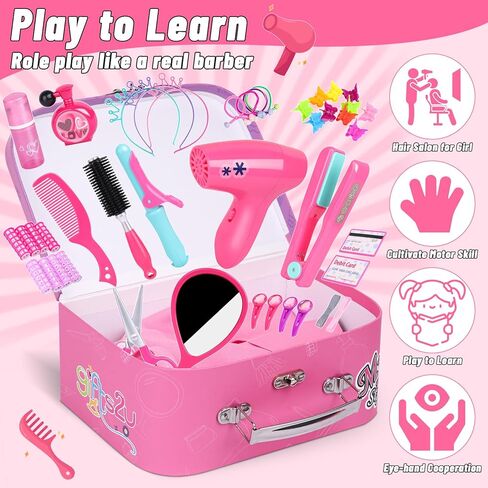Gifts2U Hair Salon Toys for Girls, 26 Pcs Realistic Girl Beauty Salon Playset Hair Styling Set with Blow Dryer, Barber Costume Apron, Scissors and Stylist Accessories. in Kuwait