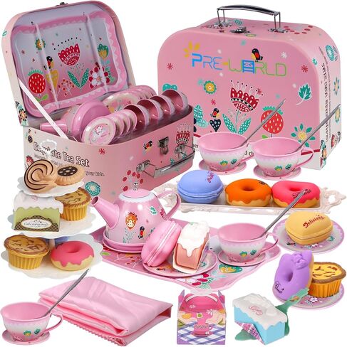 Tea Party Set for Toddles 3-5,53PCS Musical Kids Tea Set for Little Girls with Dessert,Cookies,Doughnut,Cake,Cake Stand,Tablecloth & Carrying Case,Kitchen Pretend Play Toys for Girls Boys Age 3-6 in Saudi Arabia