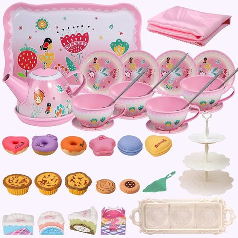 Tea Party Set for Toddles 3-5,53PCS Musical Kids Tea Set for Little Girls with Dessert,Cookies,Doughnut,Cake,Cake Stand,Tablecloth & Carrying Case,Kitchen Pretend Play Toys for Girls Boys Age 3-6 in Saudi Arabia
